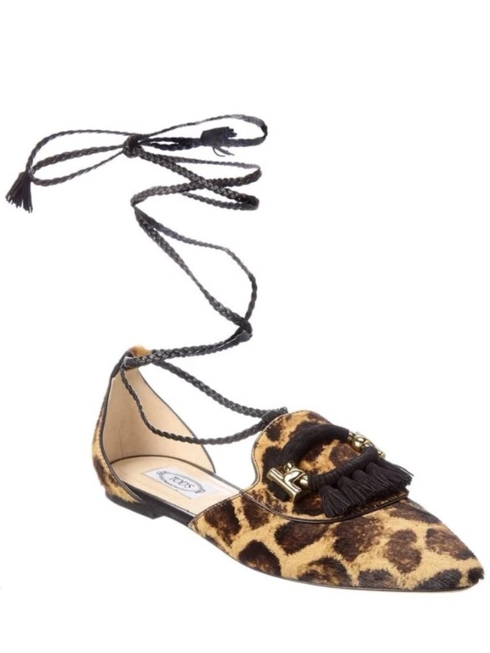 Authentic Tod’s Women Pointed Wrap Around Tassel Leopard Print Flat Size 35